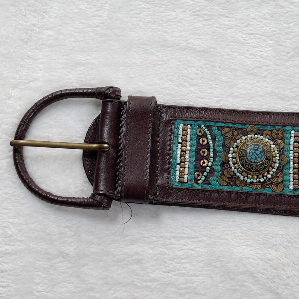 Chicos Turquoise Beaded Thick Leather Belt Womens Sz L Brown Boho Medallion - Picture 3 of 10